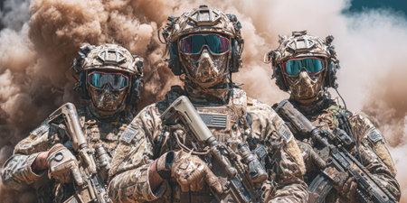 Three armed figures in camouflage gear, helmets with visors, amidst a cloud of dust or smokeの素材