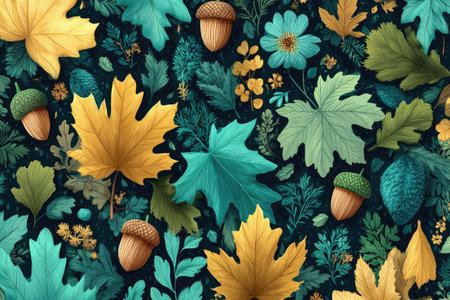 A detailed pattern of autumnal leaves, acorns, and flora on a dark teal backgroundの素材