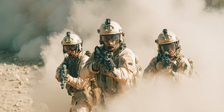 Three soldiers move forward, armed in a dusty environment, obscured by smokeの素材