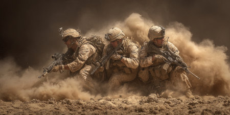Three soldiers advance low through a dust cloud, weapons raised, in a desert environmentの素材