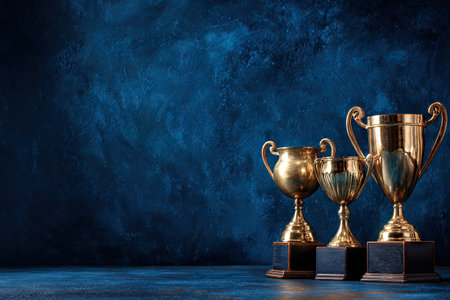 Three golden trophies on black bases sit before a dark blue, textured backgroundの素材