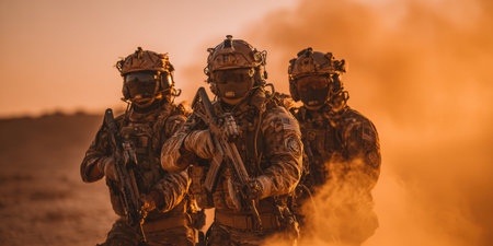Three soldiers in full tactical gear stand in a desert setting, backlit by a warm, hazy sunsetの素材