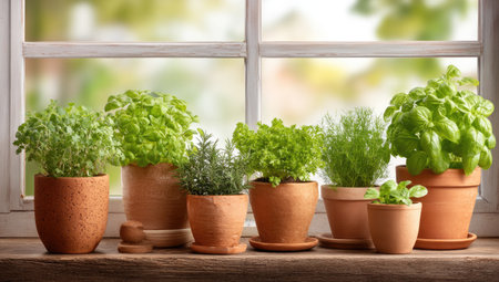 Herb garden in terracotta pots sit on a windowsill, with a bright, blurred, green backgroundの素材