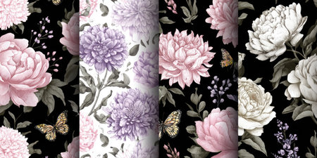 A floral pattern showcases peony, chrysanthemum, and butterfly motifs in a vintage, elegant styleの素材