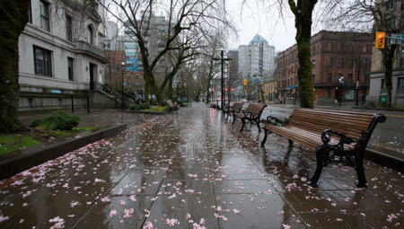 Rain-slicked city sidewalk with benches, trees, and scattered pink flower petalsの素材