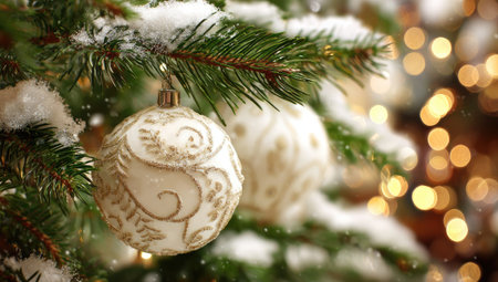Close-up of a snow-dusted Christmas tree branch with elegant white ornaments and bokehの素材