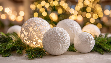 Ornate white spheres with varying designs rest on evergreen boughs, soft light glowsの素材