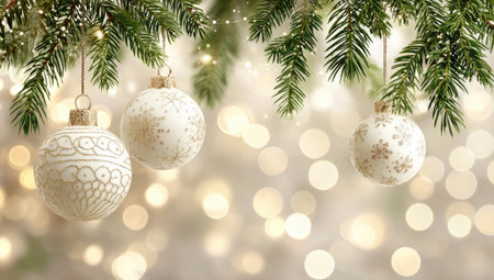 Festive display featuring ornate, ivory ornaments hanging from pine boughs with blurred bokeh lightsの素材