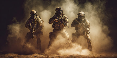 Three armed figures in combat gear stand in a cloud of dust, facing forwardの素材