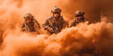 Three soldiers in tactical gear advance through thick, orange smoke. Weapons are visibleの素材