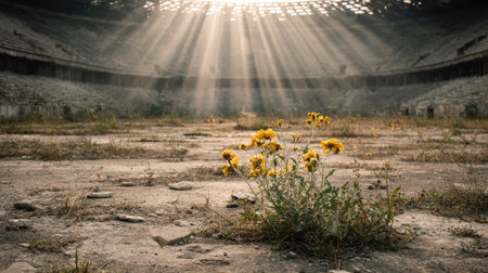 An empty stadium is bathed in dramatic sunlight streaming through the decaying roof. Wildflowers grow in the foreground against a backdrop of aged concrete. The image conveys a sense of abandonment and natural reclamation. Suitable for projects about environment, decay, or themes of resilience.の素材