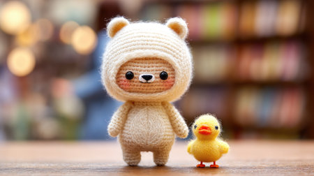 A charming image showcases a handmade crochet bear character and a small yellow duckling toy. The soft, textured figures stand prominently against a softly blurred backdrop. The composition features warm tones and a playful style, hinting at a cozy indoor setting suitable for various creative and commercial applications.の素材