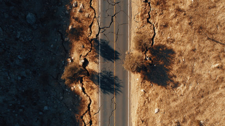 An overhead view depicts a cracked road cutting through a barren landscape. The composition highlights the texture of the dry earth and the lines of the road. The scene, lit by sunlight, suggests a remote location, potentially suitable for editorial and commercial use.の素材