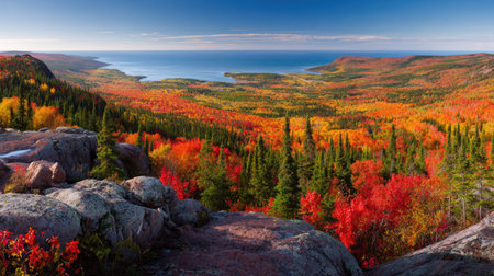 An overhead perspective captures a vibrant autumn landscape. The scene displays a mix of evergreen trees and deciduous trees that have turned to fiery reds, oranges, and yellows. The background unveils a vast water body under a clear, blue sky. This image could be used for various editorial and commercial purposes.の素材