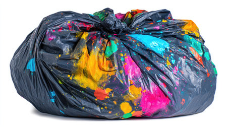 A black garbage bag is filled with vibrant splatters of paint in various colors. The composition shows the bag from a frontal perspective. The contrasting colors of the paint pop against the dark material, with bright highlights against a white background. It could be used for creative design or conceptual illustrations.の素材