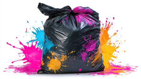 A black trash bag is depicted with vibrant paint splatters of various colors including pink, blue, and yellow. The image showcases a studio style composition with a clean white backdrop. The color scheme suggests abstract artistic themes, suitable for projects related to creativity and design. It could be used for advertising materials.の素材