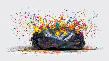 A black garbage bag is shown erupting with an explosion of vibrant, colorful paint. The composition features a studio-style look with clean lines, and a splash effect. This image could be useful for concepts involving creativity, art, waste management, and environmental themes. It is suitable for various commercial and editorial applications.の素材