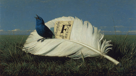 A blue bird sits on a large white feather, with a sheet of script beside it. The scene is set in a grassy field under a clear, blue sky. The artwork features soft textures and subtle lighting, suitable for conceptual illustrations or editorial projects. The image offers copy space, and visual interest.の素材