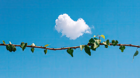 A natural composition features a branch adorned with green leaves set against a vibrant blue sky. A white cloud, shaped like a heart, floats above. The image displays bright daylight with simple framing. Suitable for use in various designs, it has an aesthetic appeal for creative projects.の素材