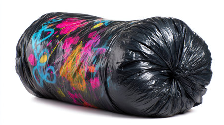 A black trash bag is shown against a white backdrop, displaying vibrant graffiti art in a variety of colors. The image showcases the texture and shape of the bag with dynamic color splashes. This could be useful for visual concepts in art, design, and waste management themes.の素材