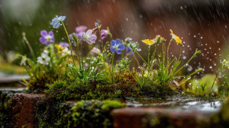 This image showcases delicate wildflowers in vibrant hues, emerging from lush green moss. The composition highlights the textures of the plants and the raindrops. The lighting suggests a soft, natural environment. This image could be suitable for projects focusing on nature, spring, or botanical themes.の素材