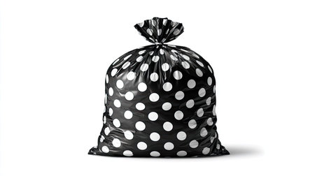 A black garbage bag with white polka dots is isolated against a white backdrop. The bag is knotted at the top and casts a soft shadow. The image exhibits a clean studio style with bright lighting. It can be used for waste management, packaging, or conceptual projects.の素材