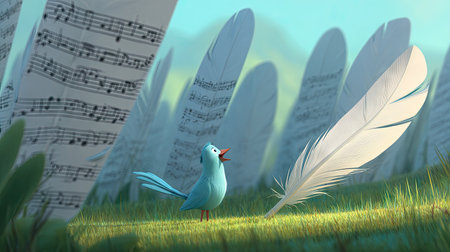 A small, blue cartoon bird sings in a bright green field with large white feathers. Musical notes on paper flutter in the background under a bright blue sky. The image showcases a soft, animated style with gentle lighting, suitable for various editorial and commercial projects.の素材