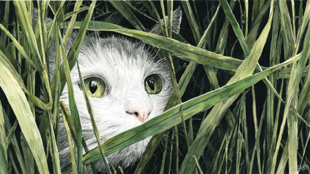 This illustration shows a cat peering out from behind tall green grass. The artwork features soft textures and subtle watercolor effects. The composition uses a close-up perspective, drawing the viewer's eye to the subject. It may be suitable for various commercial projects and editorial purposes.の素材