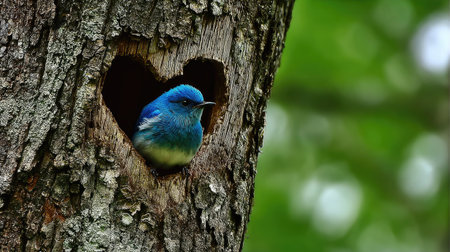 A vibrant bluebird is nestled inside a heart-shaped opening in a textured tree trunk. The bird displays bright blue plumage. The composition features a natural, outdoor setting with selective focus on the bird. Suitable for various uses including illustrative projects and nature-themed content.の素材