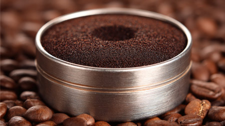 This image features a close-up view of a pressed coffee puck inside a metal container. The subject is surrounded by coffee beans, creating a warm brown color palette. The composition highlights the textures and details. This image could be used in various commercial applications to represent coffee preparation or related concepts.の素材