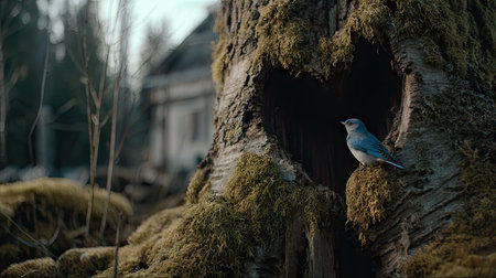 A small blue bird rests inside a tree trunk hollow covered in green moss. The outdoor scene features a woodland environment under diffused daylight. The image has a shallow depth of field. This could be used for editorial illustrations related to nature, wildlife, or environmental topics.の素材