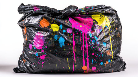 A black trash bag is covered in vibrant paint splatters of multiple colors. The image presents a contrasting composition with the dark texture of the bag and the bright hues of the paint. This creative visual could be used for projects emphasizing themes of art, design, waste, or transformation. The lighting suggests a studio environment.の素材