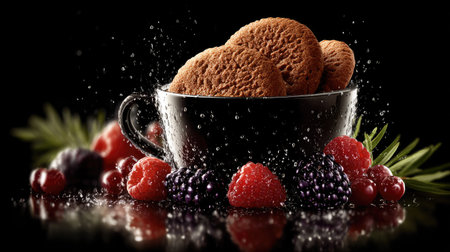 This image showcases several cookies in a black mug, accompanied by fresh berries. The scene exhibits high-contrast lighting, highlighting the textures of the food items. It is likely to be appropriate for culinary presentations, food blogs, or various promotional campaigns related to healthy eating and treats.の素材