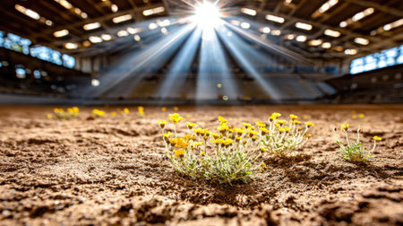 The image showcases a low-angle perspective of yellow wildflowers on earthy ground inside a large structure. Sunlight streams through openings, casting dramatic light and shadows. The scene highlights textures of the ground and the architectural details. This image is suitable for various uses including editorial content and design projects.の素材
