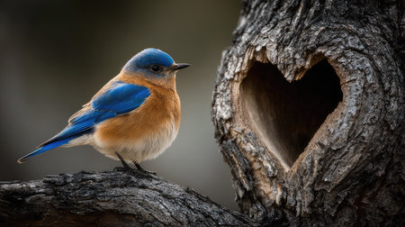 A bluebird, predominantly blue and orange, perches on a tree branch. The image highlights the bird's plumage against a blurry background and a textured tree trunk featuring a heart-shaped opening. Soft lighting enhances the naturalistic setting. The composition is suitable for environmental, wildlife, or nature-related commercial projects.の素材