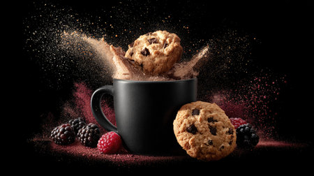 A detailed image features chocolate chip cookies seemingly exploding from a black coffee mug. The scene includes fresh berries and fine powder. The composition, with its dark backdrop and focused lighting, suits a variety of uses, including promotional materials or editorial content.の素材