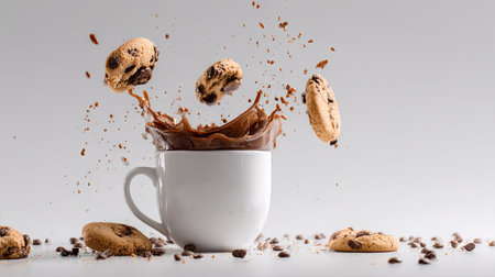 A white mug overflows with a dark liquid, splashing upwards amidst scattered cookies. The image showcases a high-speed capture highlighting the dynamic interaction of ingredients. The composition features a light background, emphasizing the texture of the liquid and the cookies. This image could be used in promotional materials or for culinary illustrations.の素材