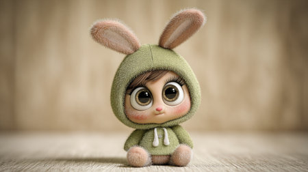 A cartoon bunny character is featured wearing a green hoodie against a blurred, neutral backdrop. The image showcases detailed textures and soft lighting, emphasizing the character's innocent expression. This illustration is suitable for various creative projects, including children's content, advertising materials, and digital artwork.の素材