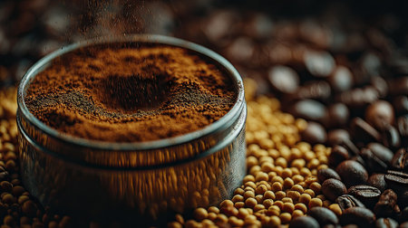 A close-up image showcases a metal container holding coffee powder, with scattered beans of varying sizes. The scene is bathed in warm light, highlighting the textures of the powder and the surrounding seeds. It suggests a scene related to food and drink preparation, suitable for various editorial or commercial uses.の素材