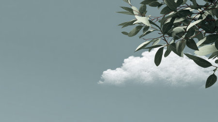 A soft, natural scene shows a white cloud and green foliage against a blue sky. The composition is simple with a focus on negative space. This image evokes a sense of peace and tranquility, suitable for various commercial and editorial purposes. The image provides a clean aesthetic with potential uses in design and background applications.の素材