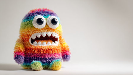 A vibrant, plush monster toy with a rainbow of colors sits against a bright white backdrop. The image showcases detailed textures and large eyes, suggesting a whimsical or playful theme. The lighting is soft, emphasizing the toy's design, suitable for various design projects or illustrative purposes.の素材