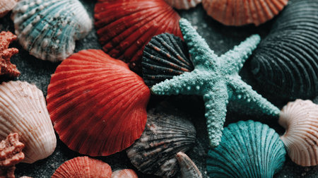 An overhead composition features various seashells and a starfish. The arrangement displays diverse shapes and sizes, with vibrant colors including red, teal, and cream. The textured surface adds depth. Suitable for illustrating marine life or coastal themes in advertising or editorial projects.の素材