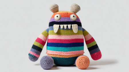 A vibrant, handmade monster toy is displayed against a clean white background. The creature features a striped pattern in multiple colors, with large eyes, teeth, and small horns. Its knitted texture is apparent. The image could be suitable for children's books, craft projects, or educational materials.の素材