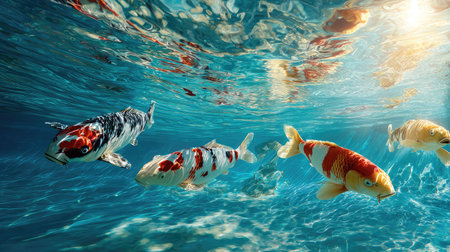 Several koi fish are captured in a bright underwater environment. The image displays a diverse array of colors and patterns on the fish. Sunlight filters through the water, creating highlights and shadows. This image is suitable for various commercial and editorial purposes.の素材