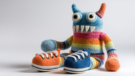 A brightly colored knitted monster toy is depicted sitting against a white backdrop. The whimsical character has multiple colors, textures, and details, including large eyes, teeth, and horns. The composition uses clean lines and lighting for potential use in children's products, educational materials, or creative projects.の素材