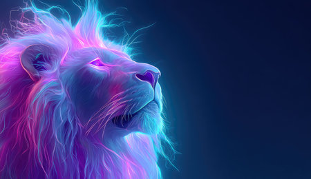 A regal lion in profile, illuminated with vibrant neon blue and pink, gazing upwardの素材