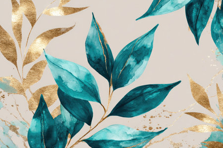 Watercolor botanical design featuring teal leaves, gold stems, and beige backgroundの素材