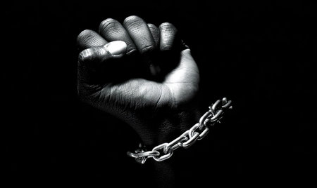 Dramatic monochrome photo of a clenched fist breaking a silver chain against a black backdropの素材
