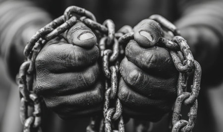Close-up of hands clasped around chains, emphasizing texture and the struggle for freedomの素材