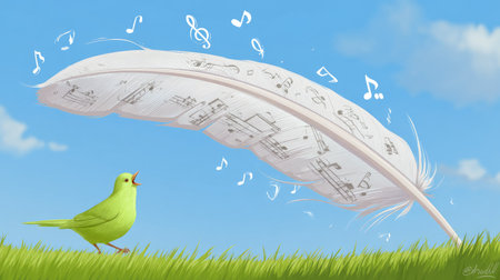 A stylized illustration features a vibrant green bird positioned near a large white feather. The feather is adorned with musical notation and accompanied by floating musical notes, all set against a backdrop of a clear blue sky and green grass. This image could be suitable for various creative projects and design applications.の素材